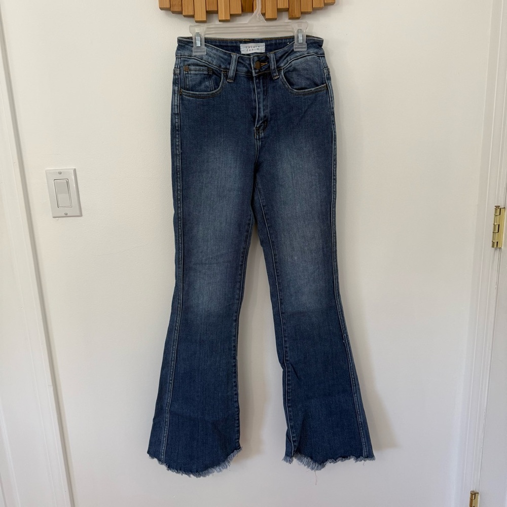 Nature Denim Blue Flared Women's Jeans, Fringe bottom, Size 3/ 25